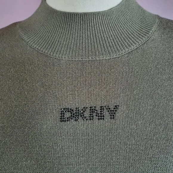 NWT DKNY Jeans Olive Green Short Sleeve Mock Neck Rhinestone Logo Knit Top - Picture 3 of 12